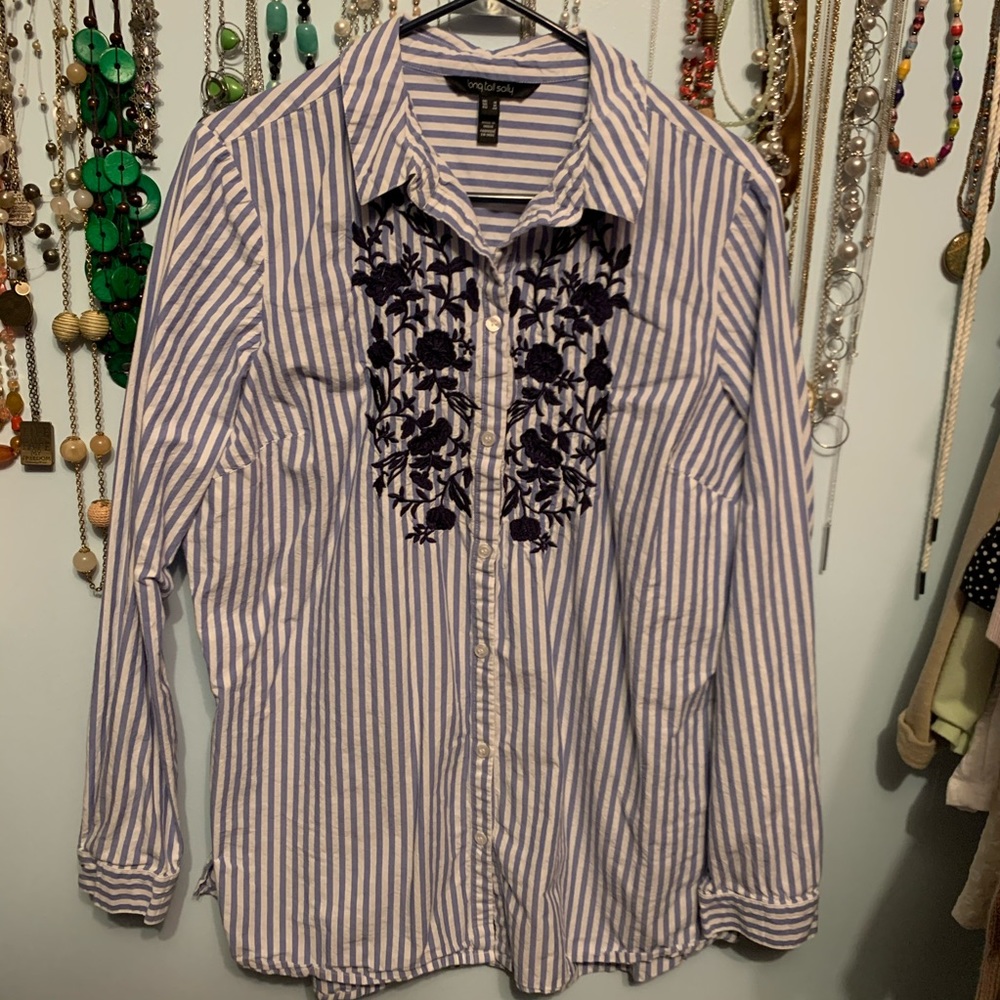 Long Tall Sally Striped Shirt w/Embroidery, sz 14